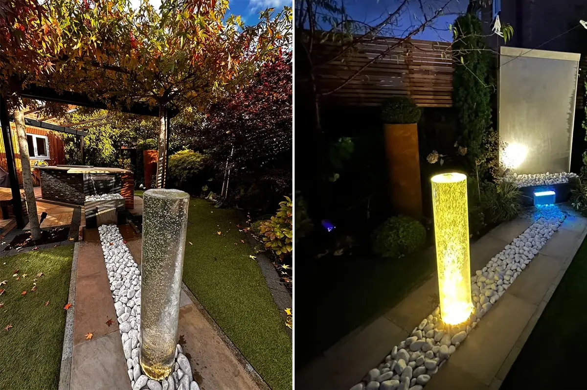 Water Feature in Garden Day and Night