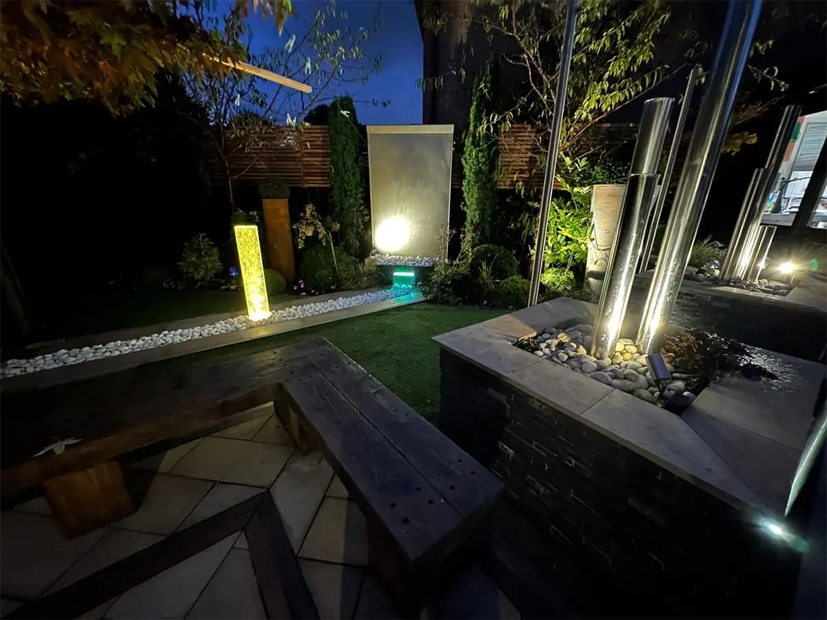 Water Feature and Garden Lighting Night Time