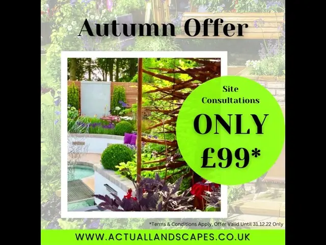 AUTUMN OFFER!
Are you dreaming of creating your own oasis and wanting to redesign your garden? 
If so, why not take advantage of our amazing offer. This Autumn we are offering our site consultations for just £99! Giving you the chance to save £50!!!
This is a great opportunity to get started on your project and explore all the fabulous possibilities. 
But this offer is for a limited time only, so take advantage now to avoid missing out and start planning the garden of your dreams today, click here https://calendly.com/actuallandscapes/site_consultation to book a site consultation* or visit our website www.actuallandscapes.co.uk for further information. 

#Landscapers #LandscapeDesigns #LuxuryGardens #GardenMakeover #LoveYourGarden  #LandscapingChester #GardenDesignCheshire #GardenDesignWirral #EnglishCountryGarden #LandscapeGoals #GardenGoals #GardenAspect #AspectPlanting #Chester #NorthWales